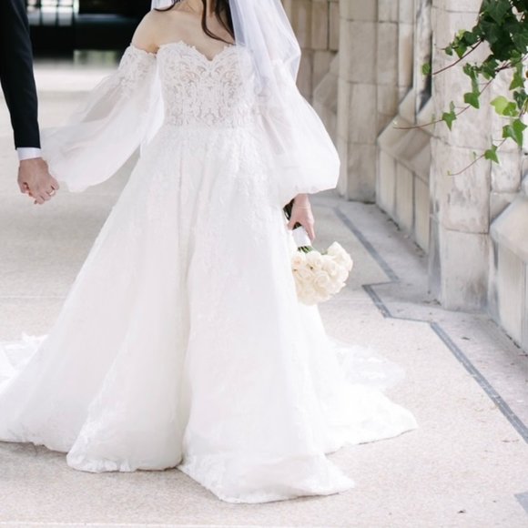 Jasmine Couture Wedding Gown - Embroidered Lace Ball Gown with Portrait Neckline - Picture 4 of 8